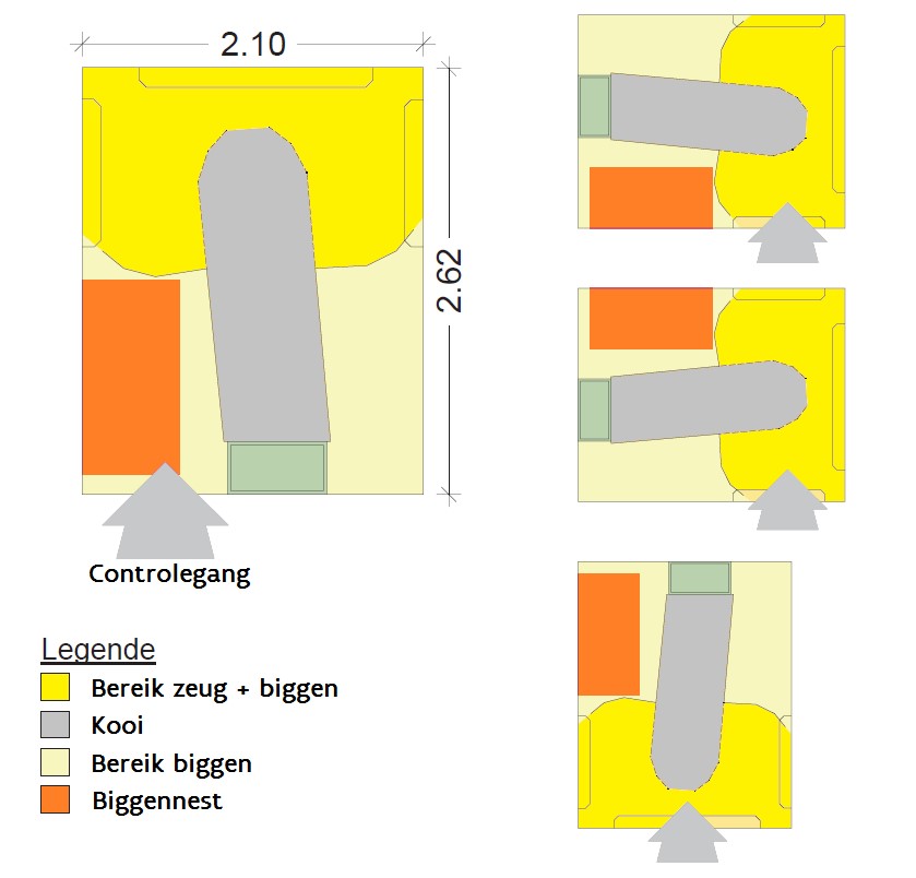 Lay-out van het Wing-kraamhok: links gebruikelijke opstelling, rechts alternatieven (Bron: ProSau) 