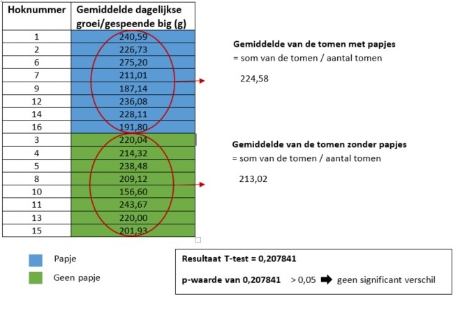 De gemiddelde groei per gespeende big verschilde niet significant in de tomen met en zonder papje